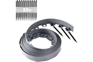 GARDENIX Bordure de pelouse Flexible en Plastique - Résistante aux intempéries - Bordure de Parterre de Fleurs Ronde - Gris - 10 m - 20 piquets - Hauteur : 10 cm