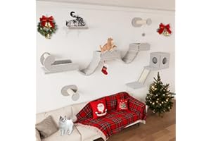 BYBYME Kletterwand Katzen Mit Langer BrüCke, Katzenregale Mit KratzbäUmen Und Katzenhaus, 5PCS Platzsparendes KlettermöBel FüR Erwachsene Katzen Und KäTzchen (Hellgrau)