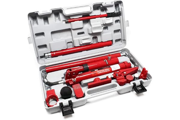 WilTec Jeu de Vérin hydraulique Carrossier - 410 x 190 x 745 mm/Puissance de 10 tonnes - dans Un Coffret - Set de redressage atuomobile & Accessoires Inclus