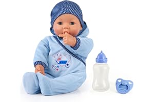 Bayer Design 94683AA Lalka dziecięca chłopiec z funkcją Hello Baby 46 cm, z butelką dla dziecka i smoczkiem, porusza ustami, jasnoniebieski