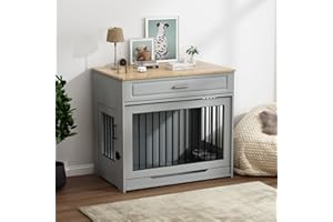 DAWNYIELD Meuble pour Cage de Chien, Cage en Bois avec Porte Coulissante et Tiroir, Meuble D'intérieur pour Chien, Table D'appoint avec Gamelle Pivotante à 360°, Gris
