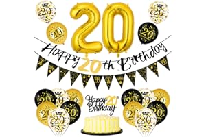 BLUELVES 20. Geburtstag Deko Mann Frau - Luftballon Schwarz Gold, Happy Birthday Banner Wimpelkette, Folienballon Zahl 20, Cake Topper für Party Dekoration