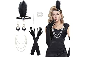 ROONTIN 1920s Vintage Accessories Set,1920s Flapper Great Gatsby Accessories Set,Fashion Roaring 20's Theme Set with Headband Headpiece Long Black,8 Pieces