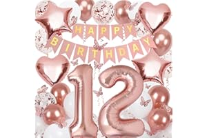 NELOTAOR 12th Birthday Decorations for Girls, Rose Gold 40 Inch Number 12 Foil Birthday Balloons with Happy Birthday Banner and Butterfly Stickers