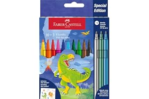 Faber-Castell Dinosaur Felt Tip Pens 10 Colour + 3 Glitter Colour, Bright and super washable colors, ideal for drawing and coloring at school and in your free time