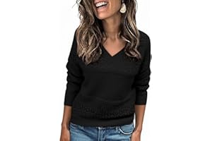 Saodimallsu Sweter damski z dekoltem w kształcie litery V, szydełkowany sweter z dzianiny, jednokolorowy, lekki, z długim rękawem, luźny, elegancki, basic, dzianinowy top