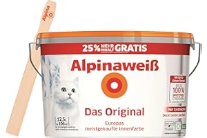 Alpinaweiß Das Original – optimal deckende und ergiebige weiße Wandfarbe – mit Spritz-Schutz-Formel – 12,5 Liter inkl. gratis Rührholz