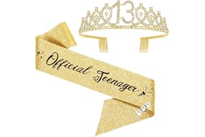 MOITKPTT 13th Birthday Sash and Tiara, Happy 13th Birthday Crown Birthday Gift for Girl, Teenager Thirteen Years Old Birthday Tiara Crowns for Girls Gift (Gold)