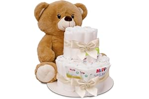 MilaBoo® Torta di pannolini beige con morbido orsacchiotto grande, regalo di alta qualità per neonati con pannolini e prodotti (beige grande)