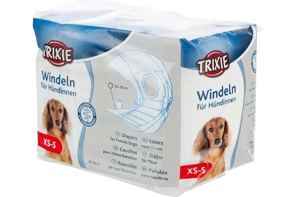 TRIXIE couches pour chiennes taille XS-S - Couches absorbantes pour chienne en cas d’incontinence & de chaleurs - 12 pcs avec élastique pour plus de confort, tour de taille 20-28 cm