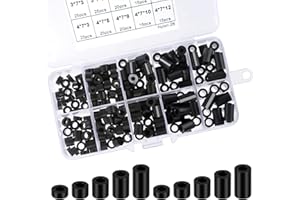 HEILOK 200 Stück Distanzhülsen M3 M4 Kunststoff Runde Spacer Unterlegscheibe, Runde Abstandshalter 3mm bis 12mm Länge Nylon Unterlegscheiben mit Aufbewahrungsbox, Schwarz