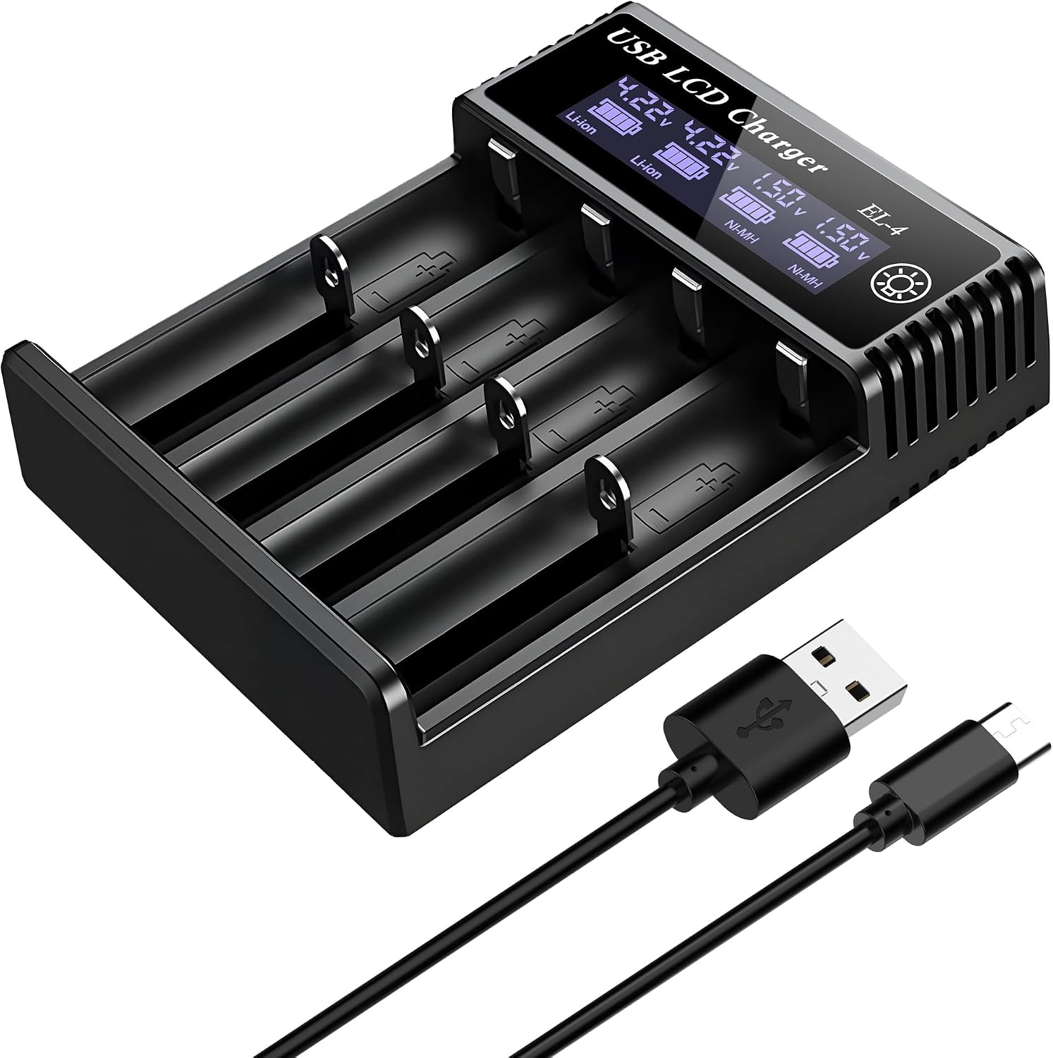 Ermorgen Cargador de Baterías 18650, Cargador Universal 4 Puertos para Baterías Ni-MH/Ni-CD 1.2V AA/AAA/C/SC/F6 y Li-ION 3.7V 18650, 18350, 18500, 18700, 20700, 21700 y 26650 LCD