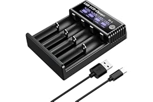 Ermorgen Cargador de Baterías 18650, Cargador Universal 4 Puertos para Baterías Ni-MH/Ni-CD 1.2V AA/AAA/C/SC/F6 y Li-ION 3.7V 18650, 18350, 18500, 18700, 20700, 21700 y 26650 LCD