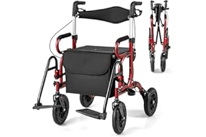 COSTWAY 2 en 1 Andador para Ancianos con Asiento, Taca Taca Adultos Plegable, Silla de Ruedas de Neumáticos, Altura Ajustable, Reposapiés abatibles, Estructura de Aluminio Ligera (rojo)