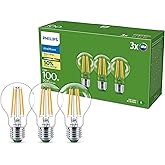 Philips Ultra Efficient LED Filament Bulb A60 E27 1535lm 7.3W Pack of 3 | Warm White Light Not Dimmable, 2700K, Transparent,