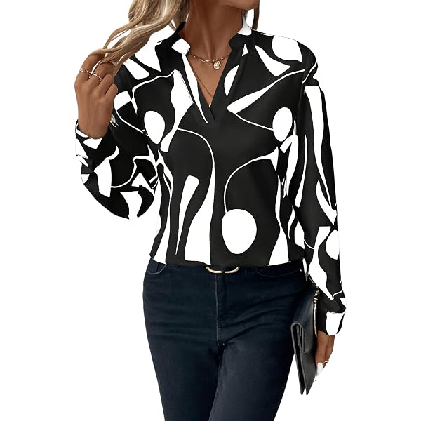 GORGLITTER Blusentop da donna elegante a maniche corte con colletto, camicetta estiva con motivo grafico, Nero , M