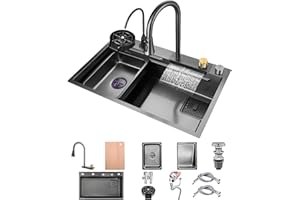 OMGMTSTORE Fregadero De Cocina En Cascada Fregadero De Cocina De Acero Inoxidable Con Montaje Superior Fregadero Nano De Un Solo Tazón Fregadero Multifunción Para Estación De Trabajo Con Grifo Extraíble, 2 Cesta