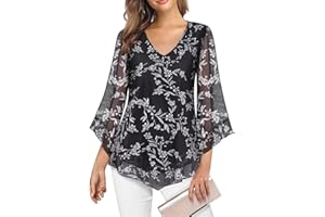 Gemulate Womens Tops Ruffle 3/4 Sleeve Blouses for Women UK Loose Flowy Ladies V Neck Chiffon Tunic Tops Double Layers Mesh Shirts