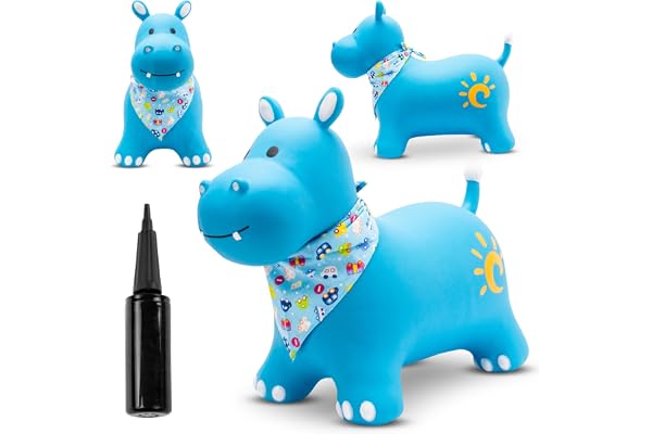 sun baby Animal Sauteur Gonflable, Jouet Enfant 1 an pour l'intérieur et l'extérieur, Design Ergonomique, Pompe Manuelle Incluse (Hippo Bleu avec Bandana)