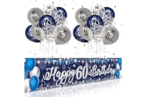 JOYDAY STORE 60th Birthday Decorations Men, Navy Blue Silver Happy 60th Birthday Outdoor Yard Banner Backdrop, 18pcs Latex Confetti Happy Birthday Balloons for 60th Birthday Anniversary Party Supplies