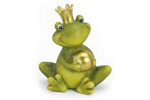 TEMPELWELT® Deko Garten Figur Frosch Froschkönig 15 cm, Polystein Grün Beige Mit Goldkugel, Dekofigur Märchenfrosch Gartendeko Tierfigur für Frühling Sommer Herbst