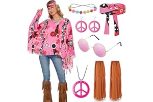 ZHSIHAI Accessoires de Déguisement Hippie 6PCS Accessoires de Déguisement Hippie pour Femme Ensemble de Costume des Années 60 et 70 Poncho Accessoires Hippie Collier de la Paix pour Carnaval
