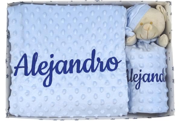 variouss Manta de Bebe Personalizado con su Nombre Bordado, Incluye DouDou, Manta Suave para Cochecito, Capazo o Cuna, Regalo de Nacimiento o Baby Shower ((Azul)