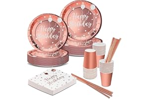 Yidaxing 120pcs Vaisselle Jetable Anniversaire, Assiettes Jetables Rose Gold, Vaisselles Anniversaires Fille, Gobelets Pailles en Papier et Serviettes pour Mariages Fête Baby Shower, 24 Invités