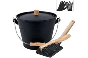 BRIAN & DANY Secchio per Cenere Camino con Coperchio, 5L Porta Pellet con Paletta e Scopino, Attrezzi per Caminetto per Caminetto, Braciere e Stufa a Legna