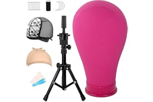 SHOWSHINE 23 Inch Wig Head,(Rosy Red) Wig Stand Tripod With Mannequin Head,Canvas Foam Wig Making Set, With Wig Head Stand Clamp Set Included Wig Caps, T Pins