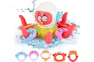 Hanmulee Octopus Hoopla Floating Baby Bath Toys, Includes 5 Styling Throwing Soft Rubber Rings, No Hole Design Fun Bathtub Water Toys, Sensory Bath Toys Gifts for Age 2 3 4 5+ Years Old Kids Toddlers
