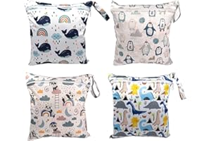 Sporgo Lot de 4 sacs humides pour maternelle : 4 styles de sacs nasaux imperméables sac à couches, sac humide sacs réutilisables en tissu pour couches de bébé, piscine, plage, voyages, Blanc., Poches