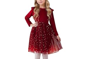 SEAUR Abito in velluto da bambina, a maniche lunghe, in tulle, per bambini, da principessa, per feste, da 2 a 8 anni