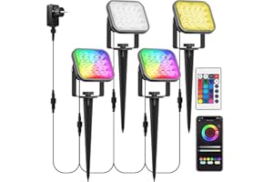 NATPOW Spot Extérieur LED, 12V Projecteur extérieur RGB de Jardin de Terre 16 Millions de Couleurs et 12 Modes Projecteur LED avec Bluetooth APP, IP65 Étanche Lampe pour jardin, garage, chemin