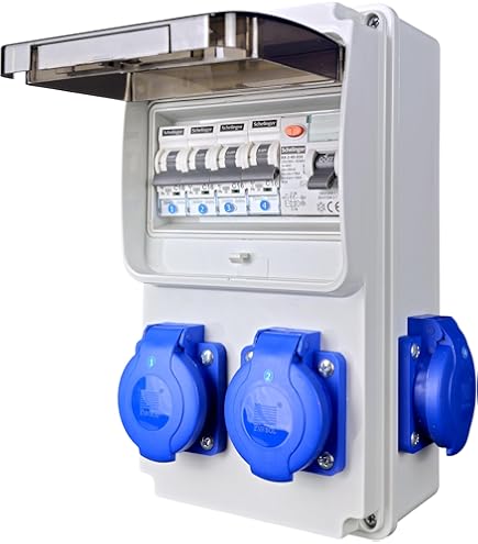 RoadEu - Stroomverdeler 230V met teller - 4x 230V contactdozen met zekeringen, aardlekschakelaar 40A type A/AC. Bouwstroomverdeler IP44. DIN rail stroommeter. Voor werkplaatsen, garages of loodsen RoadEu - Stroomverdeler 230V met teller - 4x 230V contactdozen met zekeringen, aardlekschakelaar 40A type A/AC. Bouwstroomverdeler IP44. DIN rail stroommeter. Voor werkplaatsen, garages of loodsen