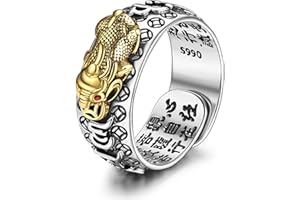 KRFY Feng Shui Pixiu Mantra Anillos para Hombre S990 Plata de Ley Feng Shui Anillo Protección Amuleto de la Suerte Riqueza Salud Budista Vintage Ajustable Anillos Pixiu para Mujer Hombre