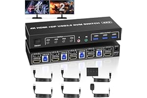 CLICKFISH USB3.0 HDMI Displayport KVM Switch 4 PC 2 Monitores, Dual Monitor Conmutador KVM para 4 Computer Compartir 2 Monitor y Salida de Micrófono de Audio y 3 Ports USB, Apoyo Desktop Controller