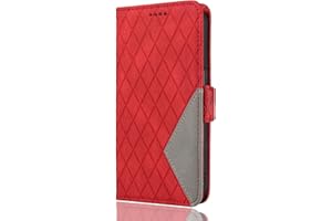 WBWONE Funda para Xiaomi Redmi A1 / Redmi A2, Celosía de Rombo Tipo Libro de Tapa PU Cuero Carcasa Billetera con Función de Soporte y Tarjetas Ranuras - Rojo