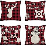 SIMUER 4 Pack Cuscini Natalizi per Divano, Pupazzo di Neve di Natale Alce Cotone Biancheria Decorativo Federe Cuscini Nataliz