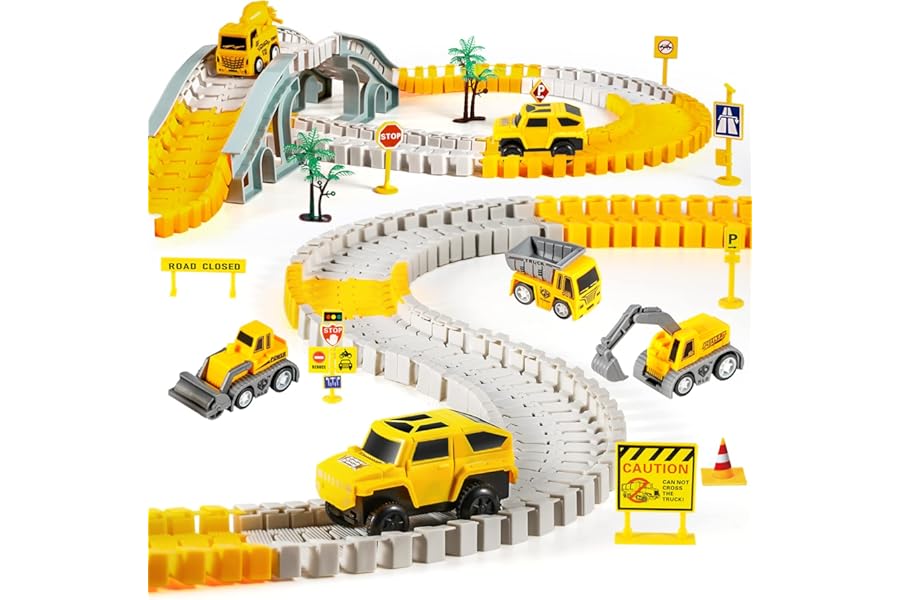 260 PCS Construction Race Tracks for Kids Toys, 2 Electric Cars, 4 Construction Cars, 1 Map & Flexible DIY Track Set, Engineering Presents for 3 4 5 6 Year Old Boys Girls