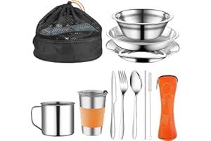 HENGRONGSHEN Posate da Campeggio, 10 Pezzi Gavetta Scout Portare Piatti, Ciotole, Tazze, Forchette, Cucchiai e Sacchetti per Posatekit Campeggio Adatto per Viaggiare, Fare Escursioni, Fare Picnic (Arancione)