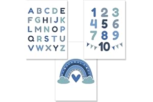 PREMYO 3 Affiche Décoration Murale - Décoration Chambre Bébé Garçon - Alphabet ABC Arc-en-ciel Bleu Papier Épais A4