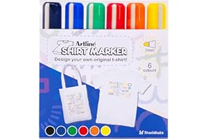 Artline Pack of 6 Fabric Markers for T-Shirts - Blue, Green, Red, Orange, Yellow & Black Fabric Pens Permanent for Clothes. Laundry Safe up to 60 °C - Genuine Fabric Pens for Clothes