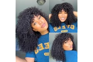 ROMFACE Perruque Femme Naturelle avec Frange Court Perruque Afro Femme Bresilienne Bouclée Perruques 180% Densité Curly Pour les Femmes Noires Perruques Glueless None Lace Front Perruques (14 Pouce,1B)