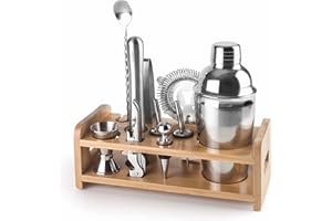Lacor - 62181 - Kit Coctelería, Coctelera, Utensilios Coctelería, Diseño Portátil, Libre de BPA, Soporte Bambú, Para Profesionales y Aficionados, Acero Inoxidable 18/10, 10 piezas
