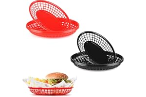 JJWNMLL Canastas de comida, 8 unidades, canastas ovaladas de plástico reutilizables negras y rojas para hamburguesas, papas fritas, dulces, patatas fritas, fiestas, picnics, barbacoas