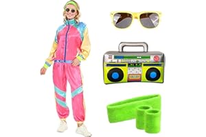 HARNYLOOM 80er 90er Outfit Jahre Damen Herren Kostüm Retro Trainingsanzug Disco Verkleidung mit Stirnband Armbänder Kostüm für Halloween Karneval Party