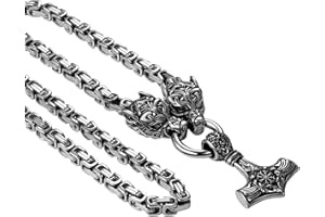 Flongo Collier Viking Mjolnir Homme : Collier Homme Acier Inoxydable Amulette Nordique Tête de Loup Bijoux avec Chaîne Byzantine et Pendentif Loup - Cadeau Homme Anniversaire et Fête des Pères