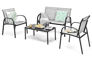 KOMFOTTEU Ensemble de Salon de Jardin 4 Pièces pour 4 Personnes, Mobilier d’Extérieur avec 2 Chaises, 1 Canapé et 1 Table Basse, Meubles de Terrasse pour Cour, Patio, Balcon (Gris)