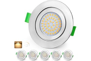 ‎KYOTECH KYOTECH LED Einbaustrahler 230V Dimmbar 60-75mm Ultra Flach LED Spots 5W IP65 Bad Einbauleuchten Deckenspots Warmweiß 2700K Einbauspots für Badezimmer Wohnzimmer, Nickel 6er Set (Nicht Drehbar)